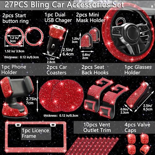 NBTEPEM 27 PCs Red Bling Car Accessories Set for Women, Steering Wheel Covers Universal Fit 15 Inch, Bling License Plate Frame, Bling Phone Holder, Bling Car Coasters (Red Diamond) - color: Red Diamond