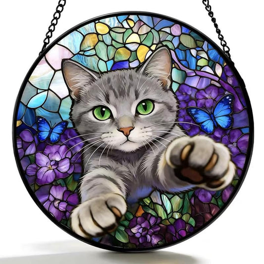 Stained Glass Window Hanging Cat Suncatcher with Butterfly Design, Round Window Hanging Decor, Colorful Sun Catcher for Home, Garden & Gifts for Cat Lovers - color: Cat Suncatcher, size: 7.8x7.8 INCH