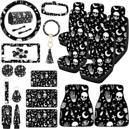 Tallew 26 Pieces Skeleton Cat Moon and Stars Car Seat Cover Full Set for Women Men Rubber Steering Wheel Cover License Plate Frame Mirror Covers Moon and Stars Car Accessories for SUV Truck(Skeleton)
