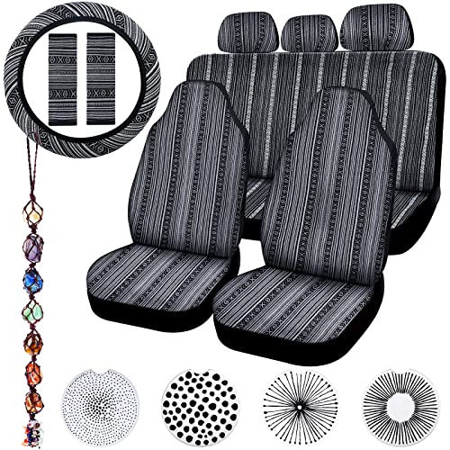 Frienda 14 Pcs Baja Car Seat Covers Full Set Multicolor Stripe Boho Print Steering Wheel Cover Seat Belt Cover Crystal Hanging Ornament Car Holders Fits (Vintage Style) - style: Vintage Style