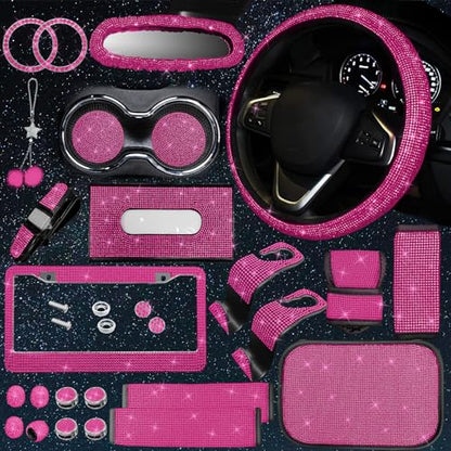 25PCS Bling Car Car Accessories Set,15 Inch Steering Wheel Cover,Shiny License Plate Frame,Center Console Cover and Rearview Mirror Set and Other Car Accessories(Rose Pink) - color: Rose Pink