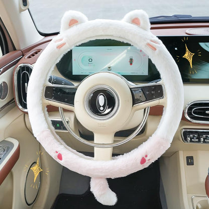 Cute Cat Car Steering Wheel Cover,Anti-Slip Universal Fit 15inches Car Wheel.Cute Cat Style Fluffy Genuine Wool Sheepskin Auto Steering Wheel Cover for Women Men Girls Boy.