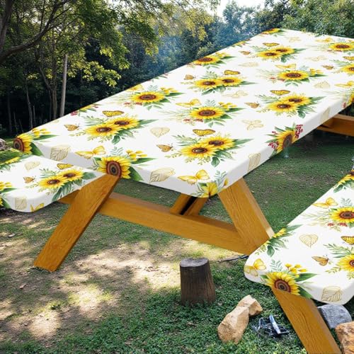 Sunflowers Table Cover with Bench Covers Waterproof Windproof Elastic Fitted Outdoor Camping RV Tablecloths with Drawstring Bag Reusable Rectangle Rectangle Tables and Seats Cover 30X72IN - color: Yellow, size: 30" x 72" (Rectangular)