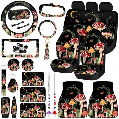Fabbay 26 Pcs Mushroom Car Seat Covers Set with Protectors Steering Wheel Seat Belt Cover Floor Mat Armrest Cushion Key Chains Auto Interior Accessories for Women(Dark) - style: Dark