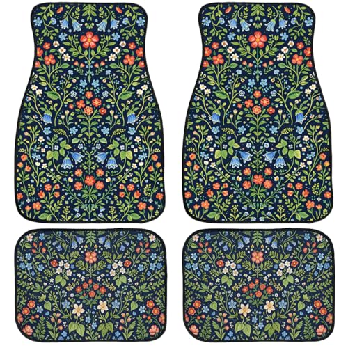 Flower Vine Car Floor Mats Set of 4 Blue Folk Floral Botanical Automotive Foot Mats Rugs Carpet for Car Non-Slip Auto Car Accessories Universal Fit for Car SUV Truck Van - color: Flower Vine