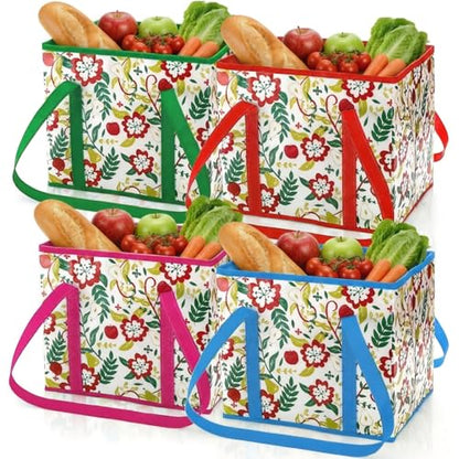 4 Pack Reusable Grocery Bags, Large Heavy-Duty Shopping Tote with Box Shape, Foldable Car Organizer Trunk Bin with Reinforced Handles Hard Bottom for Picnic, Toy, Cloth, Hold up to 50 Lbs