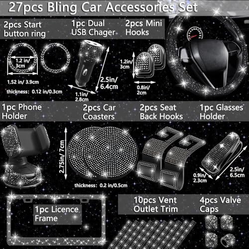 NBTEPEM 27 PCs Black Bling Car Accessories Set for Women, Steering Wheel Covers Universal Fit 15 Inch, Bling License Plate Frame, Bling Phone Holder, Bling Car Coasters (Black Diamond) - color: Black Diamond