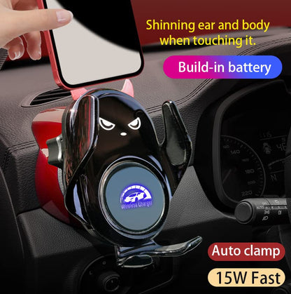 Wireless Car Charger Mount Auto Clamping 15W Fast Charging Cute Demon Design for iPhone Samsung Andriod Phone - color: Black