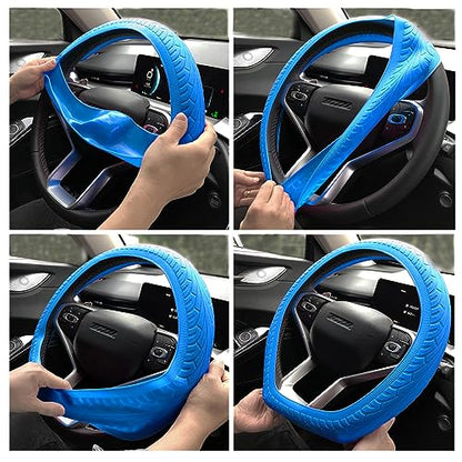 Universal Blue Steering Wheel Cover：13.5 to 15 Inches Stretchable Silicone Anti Skid Steering Wheel Protector Fit for Most Car Models Including Round D Shape or Special Shape - color: Blue