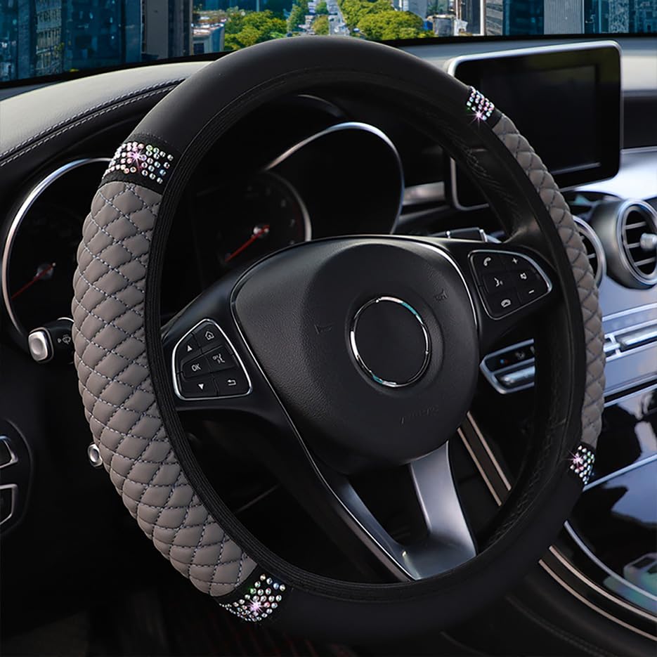 Microfiber Leather Steering Wheel Cover with Anti-Slip Lining Universal Car Accessory for Steering Wheel with a Diameter of 14.5-15 inch (Grey)