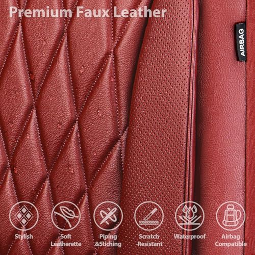 CAR PASS Piping Luxury Faux PU Leather Two Front Car Seat Covers, Waterproof Anti Slip Premium Automotive Seat Covers,Universal Fit for Suvs,Vans,Trucks, Armrest Airbag Compatible, Burgundy Red - color: All Red Burgundy, size: Two Front