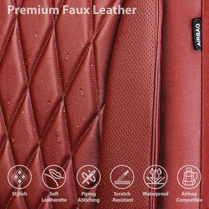 CAR PASS Piping Luxury Faux PU Leather Two Front Car Seat Covers, Waterproof Anti Slip Premium Automotive Seat Covers,Universal Fit for Suvs,Vans,Trucks, Armrest Airbag Compatible, Burgundy Red - color: All Red Burgundy, size: Two Front