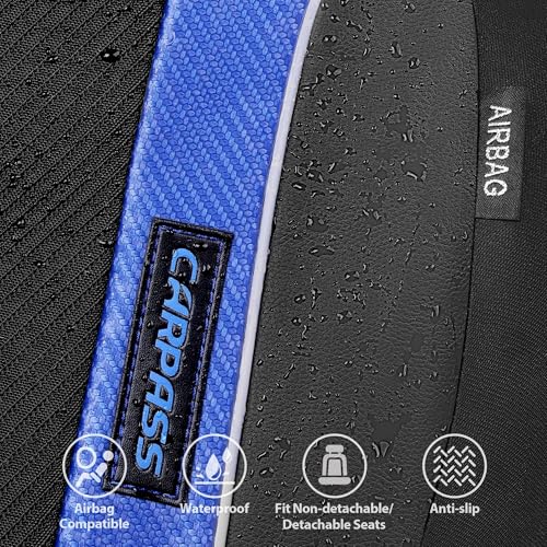CAR PASS Sporty High Back 3D Oxford Waterproof Car Seat Cover Two Front, Universal Carbon Fiber Leather Bucket Seat Cover All Weather, Airbag Compatible Fit Sports Car SUV Sedan Truck Black Blue - color: Black and Blue