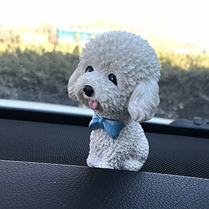 IBWell Mini Bobbing-Head Dog for Car Dash Board Decor,Dashboard Doggy Puppy Teddy Toy with Adhesive Tab（Poodle） (White)