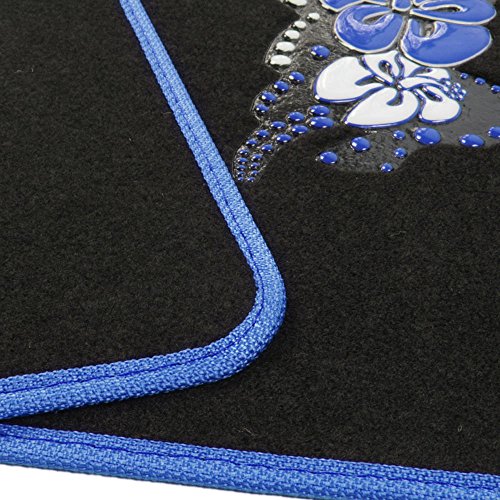 Blue Hawaiian Flower Design Carpet Car Floor Mats for Auto Van Truck SUV 4pc Front & Rear Full Set with Anti-Slip Rubber Backing Universal Fit - color: Hawaiian Flower Blue