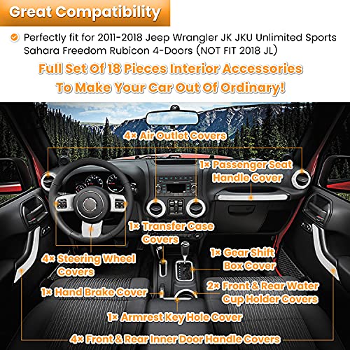 E-cowlboy 18 PCS Full Set Interior Decoration Trim Kit Steering Wheel Center Console Door Handle Air Conditioning Vent Cup Holder Gear Cover Trim for Jeep Wrangler JK JKU 2011-2018 4-Door (White) - color: White