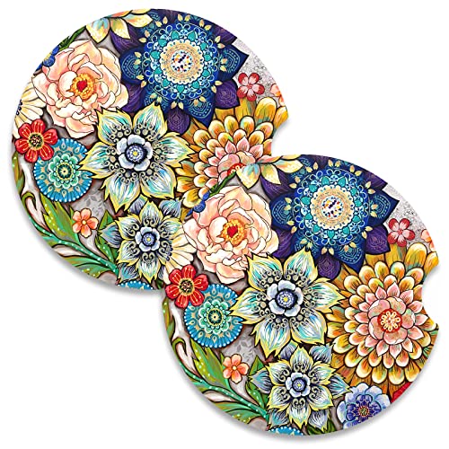 Car Coasters for Cup Holders, 2 Pack Absorbent Ceramic Car Cup Holder Coaster for Drinks, Cute Auto Assecories for Women Men, Size 2.56 in with Finger Notch & Cork Base, Colorful Mandala - color: Colorful Mandala02
