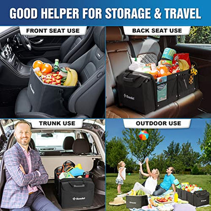 K KNODEL Extra Large Trunk Organizer With Cooler Bag, 3 Compartments Car Organizer, Heavy Duty SUV Trunk Organizer with 2 Adjustable Securing Straps (4-in-1, Black)