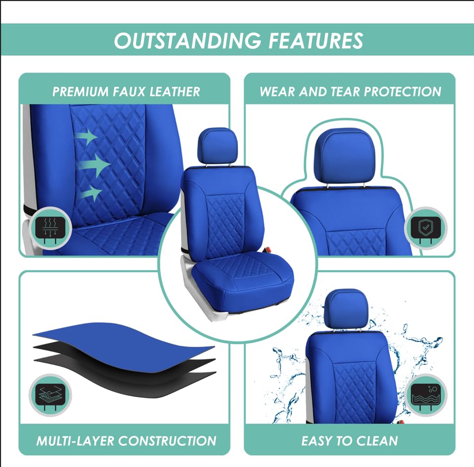 FH Group Deluxe Faux Leather Diamond Pattern Front Set Car Seat Cushions Comes with Headrest Covers (Blue) with Gift, Easy to Install - Universal Fit for Cars, Trucks, & SUVs - color: Blue