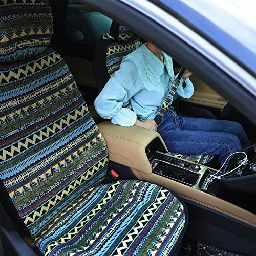 Frienda 14 Pcs Baja Car Seat Covers Full Set Multicolor Stripe Boho Print Steering Wheel Cover Seat Belt Cover Crystal Hanging Ornament Car Holders Fits (Bohemia Style) - style: Bohemia Style