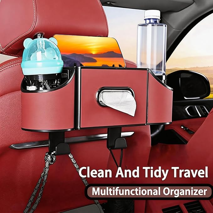Back Seat Car Organizer,4 in 1 Multifunctional Car Back Seat Storage Box with Drink Cup Holder Tissue Box, for Hold Phone,Snacks, Drinks, Handbag-Red - color: Red