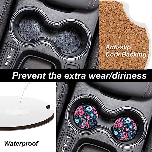 Absorbent Car Cupholder Coaster 2 Pack, Cute Car Coasters with a Finger Notch for Women & Men,2.56" Ceramic Stone & Non-Scratch Cork Base Drink Coasters,Car Accessories Gifts Luxury Flowers2