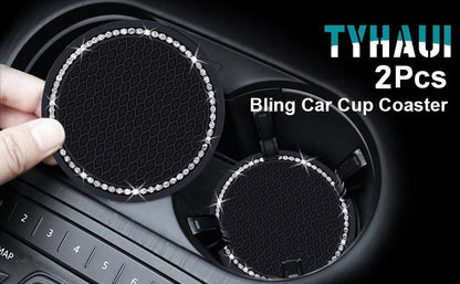 Car Cup Holder Coasters, 2.75 Inch, 2-Pack, for Women | Universal, Bling Crystal Rhinestone, Anti-Slip Silicone, Auto Interior Accessories