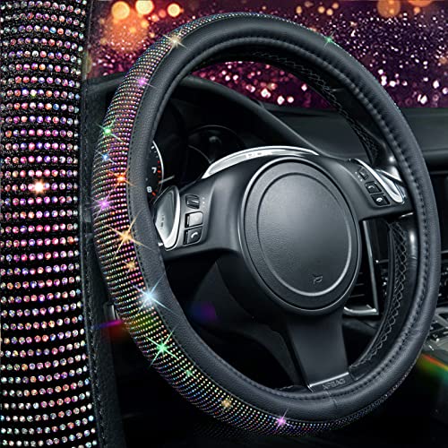 CAR PASS Diamond Leather Steering Wheel Cover, with Bling Crystal Rhinestones Fit Suvs,Vans,Sedans,Cars,Trucks Universal Fit 14.5-15inch Crystal Glitter for Women Sparkle Girl, Multicolor Diamond - color: Colorful Diamond