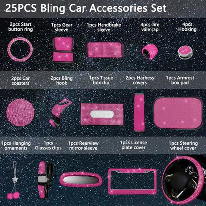 25PCS Bling Car Car Accessories Set,15 Inch Steering Wheel Cover,Shiny License Plate Frame,Center Console Cover and Rearview Mirror Set and Other Car Accessories(Rose Pink) - color: Rose Pink