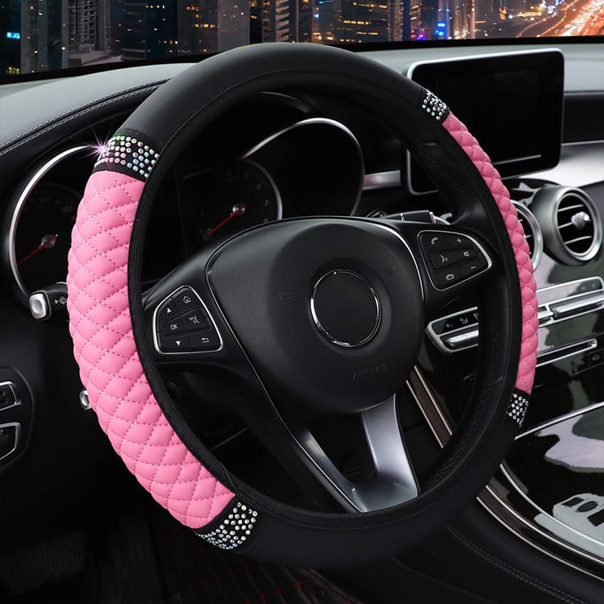 Microfiber Leather Steering Wheel Cover with Anti-Slip Lining Universal Car Accessory for Steering Wheel with a Diameter of 14.5-15 inch (Pink) - color: Pink