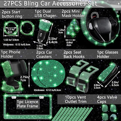NBTEPEM 27 PCs Green Bling Car Accessories Set for Women, Steering Wheel Covers Universal Fit 15 Inch, Bling License Plate Frame, Bling Phone Holder, Bling Car Coasters (Green Diamond) - color: Green Diamond