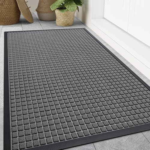 Smiry Front Door Mat Outside Entrance, Heavy Duty Natural Rubber Doormat, Non Slip, Trap Dirt and Moisture, Easy Clean, Low Profile Welcome Floor Mats for Indoor Outdoor Entry, 47x32 Inch, Grey - color: Grey, size: 47" X 32"