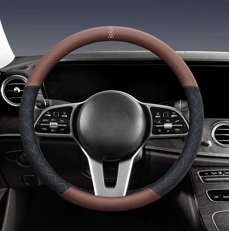 Ultra-Thin Napa Leather Steering Wheel Cover with 3D Anti-Slip Diamond Grip, Breathable Non-Bulky Design, Universal Fit 15 Inch for Cars & SUVs - color: coffee&black