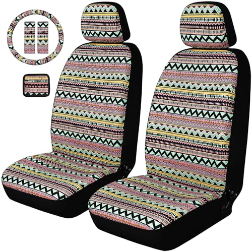 Baja Saddle Blanket Car Seat Covers, Boho Striped Woven Front Seat Protectors, Breathable & Washable Interior Covers, Universal Fit for Most Cars SUVs Trucks, Airbag Compatible, Pink, 8 pcs. - color: PINK