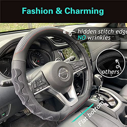 D Shaped 14.5-15 Inch Steering Wheel Cover Great Grip with 3D Honeycomb Anti-Slip Design, Flat Bottom 14.5-15 Inch (Black/Red Stitch)
