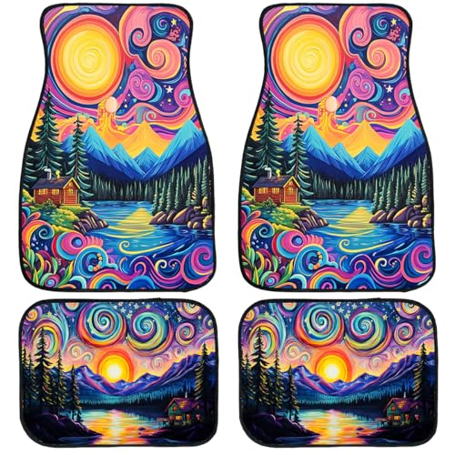 Abstract Car Floor Mats Set of 4 Colorful Sky Pine Tree Mountain Sun Set Automotive Car Floor Carpets Non-Slip Auto Car Accessories Universal Fit for Car SUV Truck Van - color: Pine Tree Mountain
