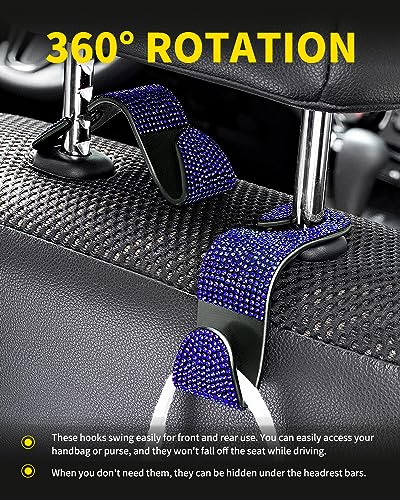 4 Pack Blink Diamond Car Seat Headrest Hooks Crystal Rhinestone Car Purse Holder Universal Car Interior Accessories for Handbags Water Bottles Purse Coats Umbrellas, Blue - color: Blue
