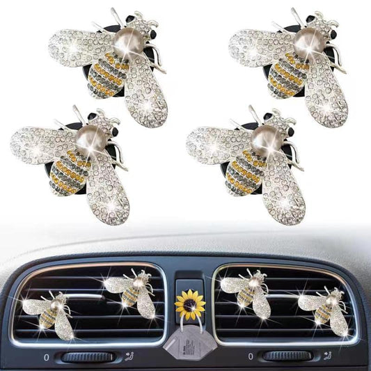 Bling Bee Air Vent Clips, 4 Pcs Crystal Bee Car Air Fresheners Car Diffuser Vent Clip Rhinestone Car Decoration for Women Interior Decor Bling Car Accessories + Sunflower Mask Hook - color: 4PCS