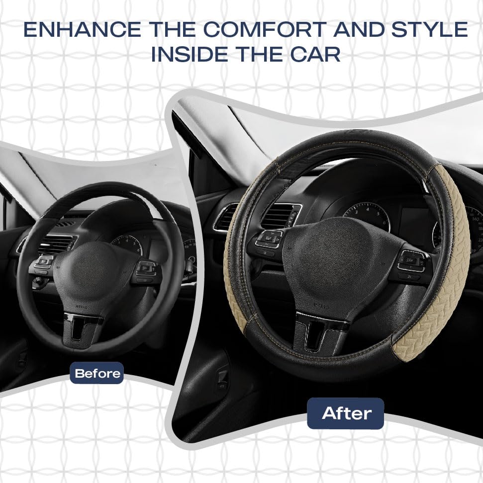 Skechers Steering Wheel Cover,Max Cushioning Leather Steering Wheel Cover Universal Fit 14" 1/2-15" Car Wheel Protector for Men Women Fit Suvs,Vans,Sedans,Car,Trucks,Beige - color: Beige