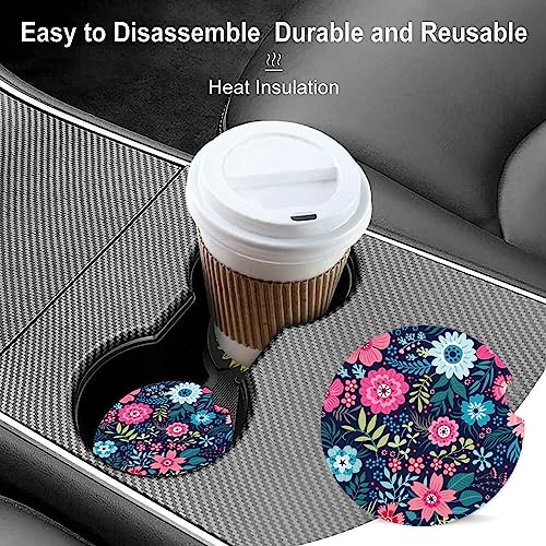Absorbent Car Cupholder Coaster 2 Pack, Cute Car Coasters with a Finger Notch for Women & Men,2.56" Ceramic Stone & Non-Scratch Cork Base Drink Coasters,Car Accessories Gifts Luxury Flowers2