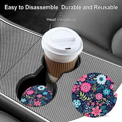 Absorbent Car Cupholder Coaster 2 Pack, Cute Car Coasters with a Finger Notch for Women & Men,2.56" Ceramic Stone & Non-Scratch Cork Base Drink Coasters,Car Accessories Gifts Luxury Flowers2