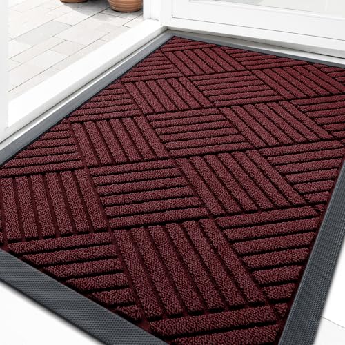 OLANLY Front Door Mat Outside Entrance 29.5x17, Absorbent, Heavy Duty Sturdy Natural Rubber Doormat Indoor Outdoor, Stain Fade Resistant, Non-Slip Low Profile Floor Mat for Entryway, Burgundy Diamond - color: Burgundy Diamond, size: 29.5" X 17"