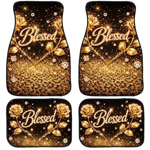 Gold Rose Blessed Car Floor Mats Set of 4 Blessed Automotive Foot Mats Rugs Carpet for Car Non-Slip Auto Car Accessories Universal Fit Car Accessories for Truck - color: Gold Rose Blessed