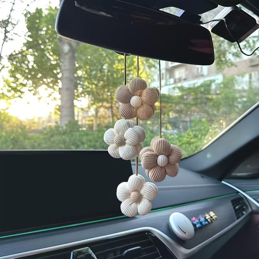 Boho Flower Car Mirror Hanging Ornament - Knitted Petal car Accessories for Women, Dashboard Decorations Funny Gifts for Women Men, Cute Auto Rearview Mirror Pendant Accessory, 2Pcs
