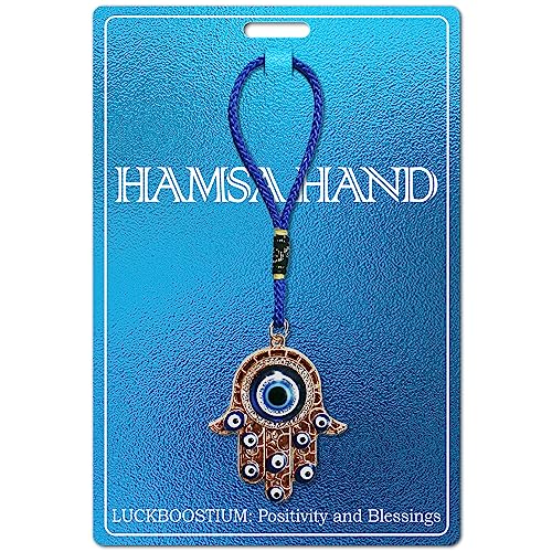 LUCKBOOSTIUM Hamsa Hand Amulet Pendant with Blue, White & Black Crystal Rhinestones & Evil Eye - Car Hanging Ornament, Rearview Mirror Accessories, Evil Eye Protection, Bag Charm, Gold Tassel - color: Gold Finish & Matching Tassel