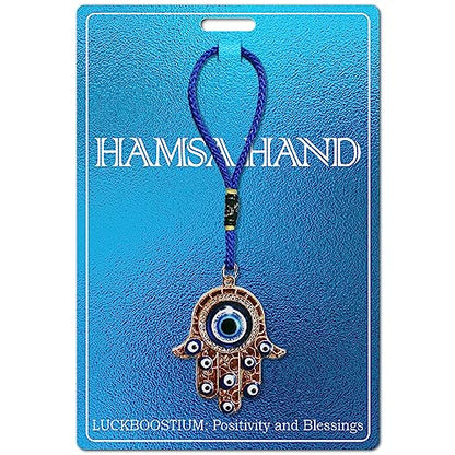 LUCKBOOSTIUM Hamsa Hand Amulet Pendant with Blue, White & Black Crystal Rhinestones & Evil Eye - Car Hanging Ornament, Rearview Mirror Accessories, Evil Eye Protection, Bag Charm, Gold Tassel - color: Gold Finish & Matching Tassel