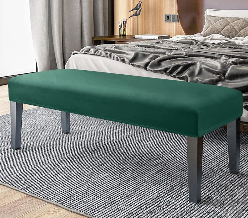 FORCHEER Velvet Green Dining Bench Cover 49-60 Inch Stretch Bedroom Bench Seat Cover Rectangle Washable - color: Velvet-dark Green