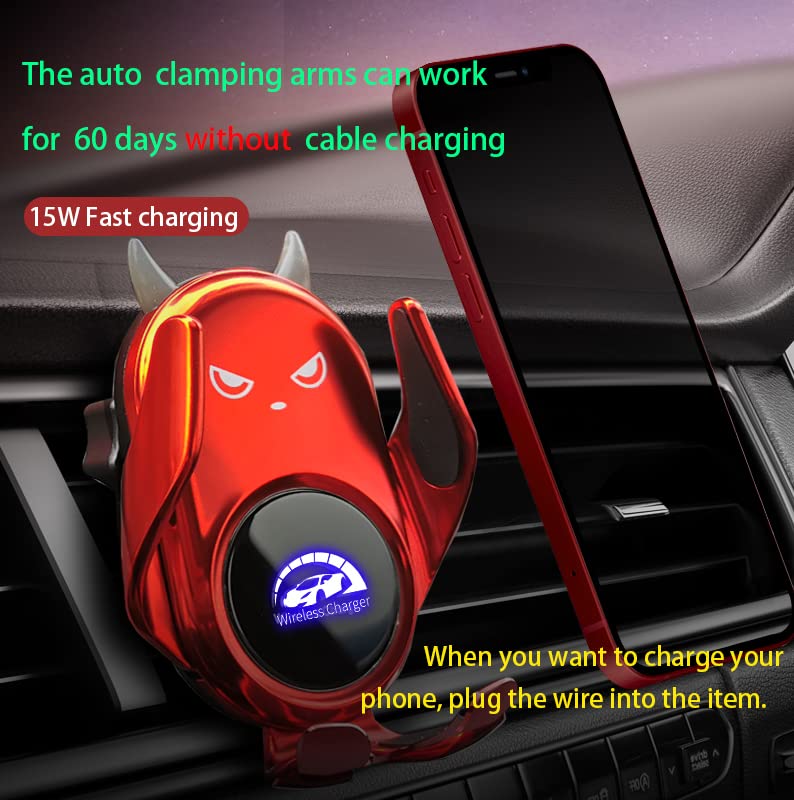 Wireless Car Charger Mount, Auto Clamping,Build-in Battery, Vent Dashboard, Red Cute Demon for Women for iPhone 14/14pro/13/13Pro/12/12Pro/SE/11/X/9, Samsung S22/S21/S20/10/9Note20/10/9 … - color: Red
