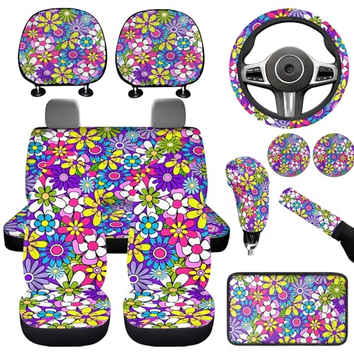 12 Pcs Daisy Flower Car Accessories Full Set for Women Girly Daisy Car Seat Cover Steering Wheel Cup Holder Armrest Pad Gear Shift Cover,Car Handbrake Cover,Fit for Most Truck SUV - color: Novelty Daisy