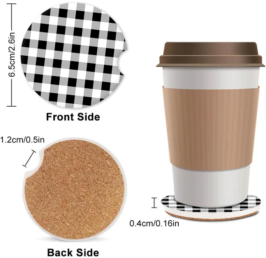 Absorbent Car Coasters 2 Pack for Women/Men,Car Coaster for Drinks,Ceramic Stone Car Cup Holder with A Finger Notch,Black White Check Checkered Plaid - color: Black White Check Checkered Plaid